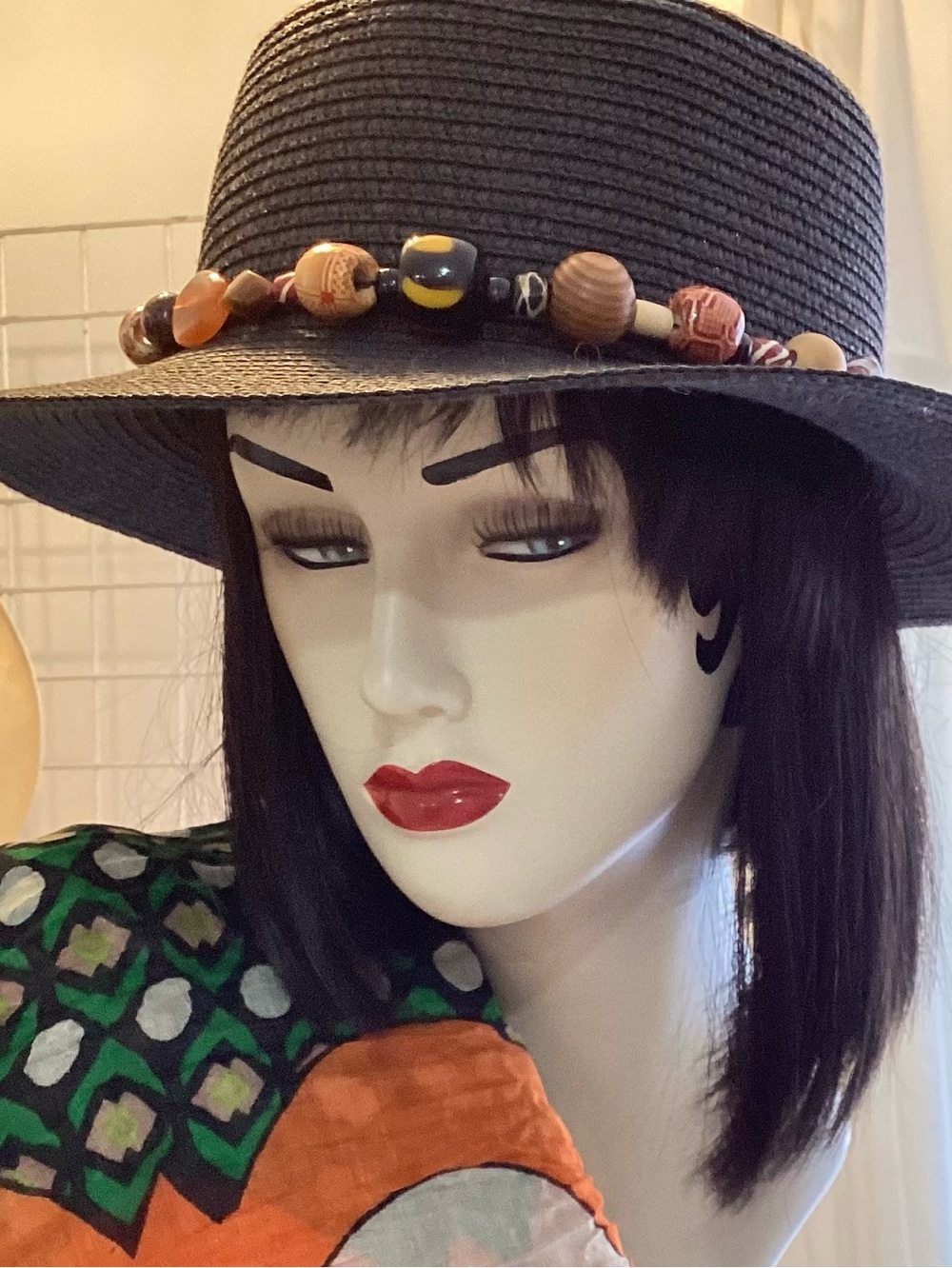 Straw Hat Beaded Band Adjustable Black